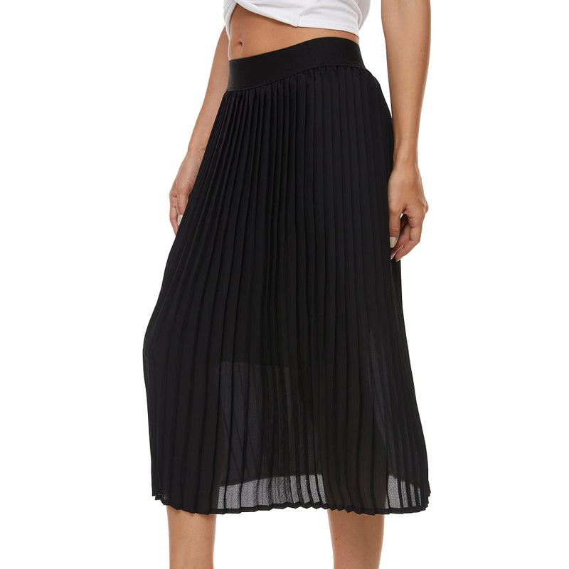 TEERFU Womens Pleated Midi Skirt,High Waist Swing Summer Pleated Skirt Casual Chiffon Elastic A-line Long Skirts Black Large - Image 4